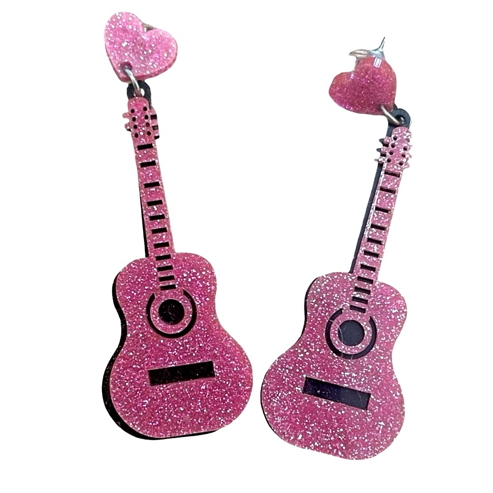 Fun Pink Glitter ✨ Guitar 🎸 Earrings